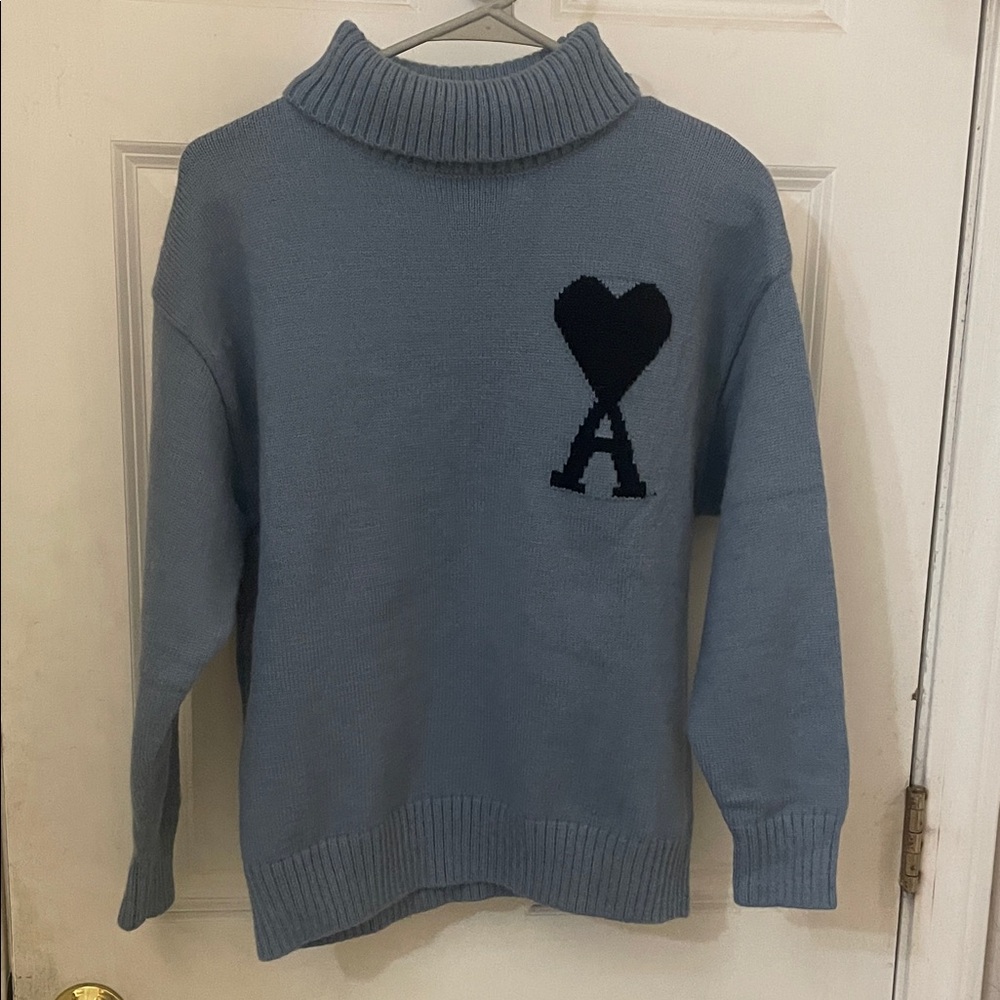 Ami Alexandre Mattiussi Blue Turtleneck Sweater with Heart Motif